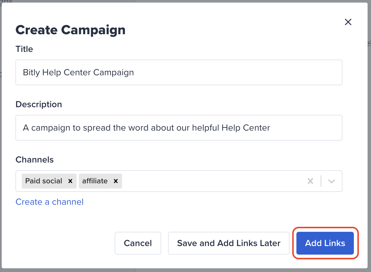 A screenshot of the "Bitly new campaign add links" page where users can add Titles, Descriptions, Channels, and Save Links to add