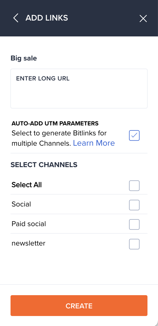 A screenshot of the page where Bitly users can add new links to a campaign or Channel