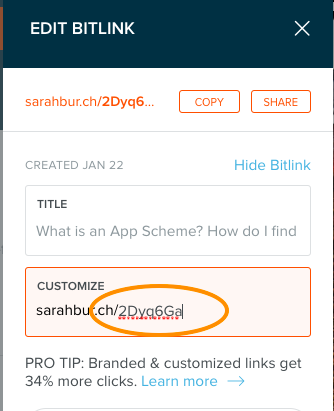 A screenshot of how to create a vanity URL using Bitly. Step 2.