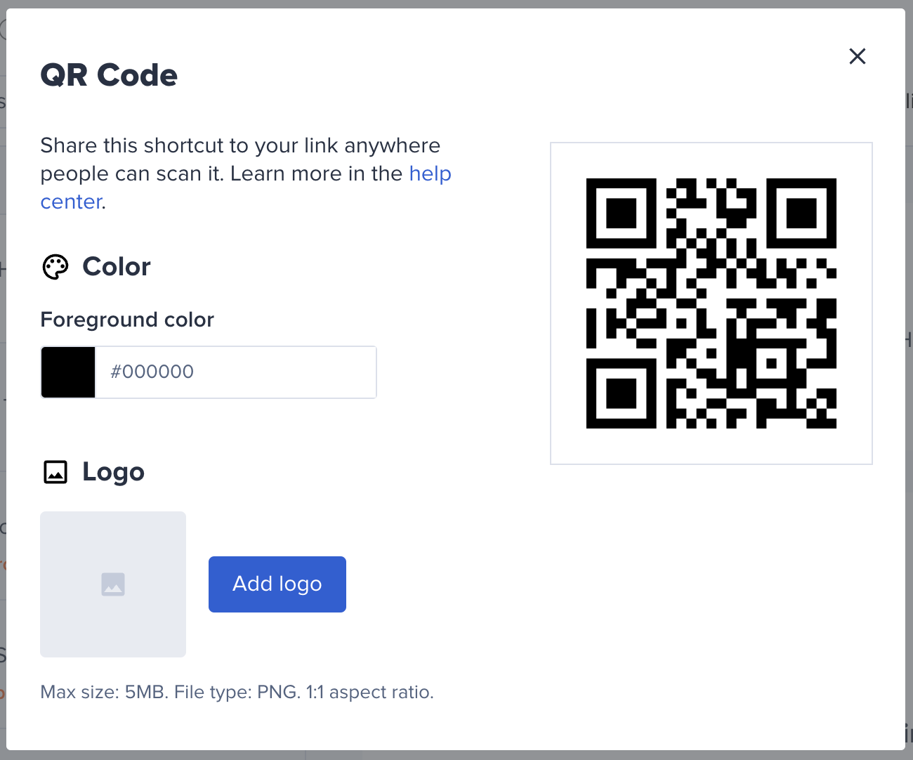Ventana con opciones de personalización del código QR