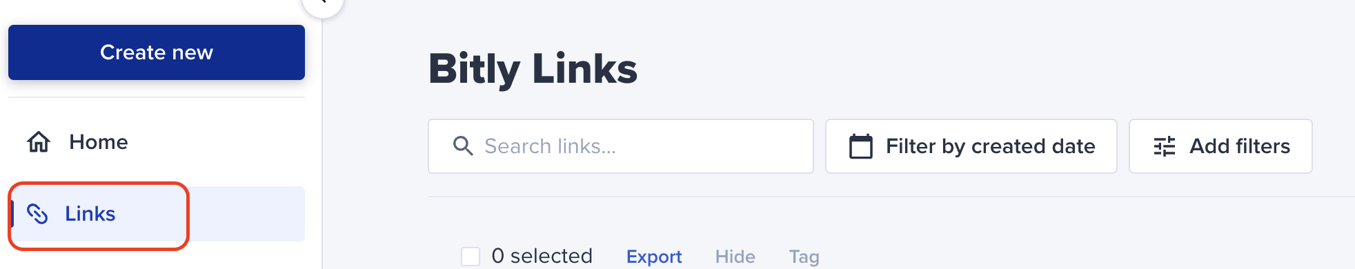 Menú izquierdo con la opción para acceder a Links marcada y la página de Links donde se muestra la barra de búsqueda de links.