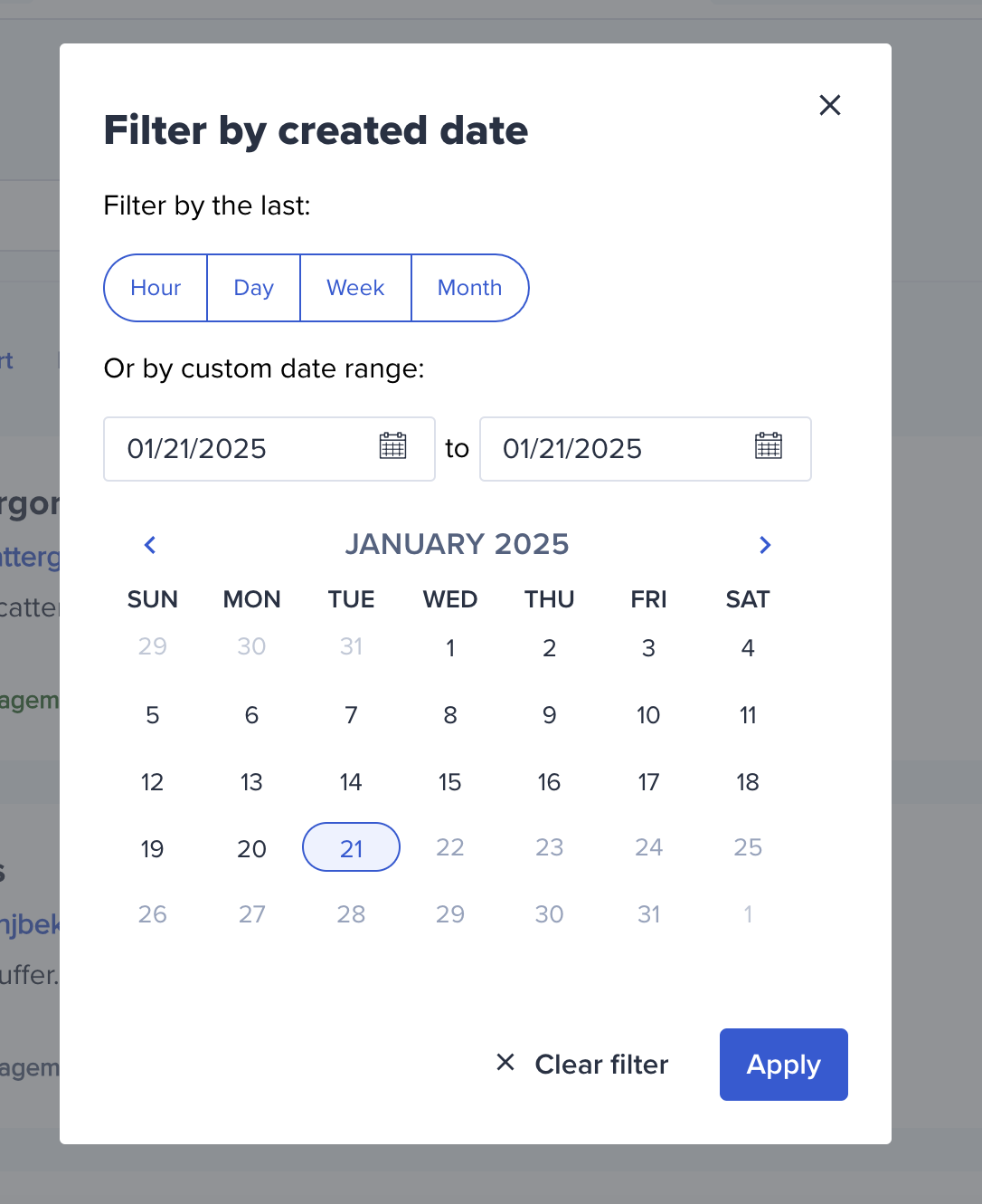 Ventana de Filtrar por fecha de creación con las opciones de intervalo y el calendario.