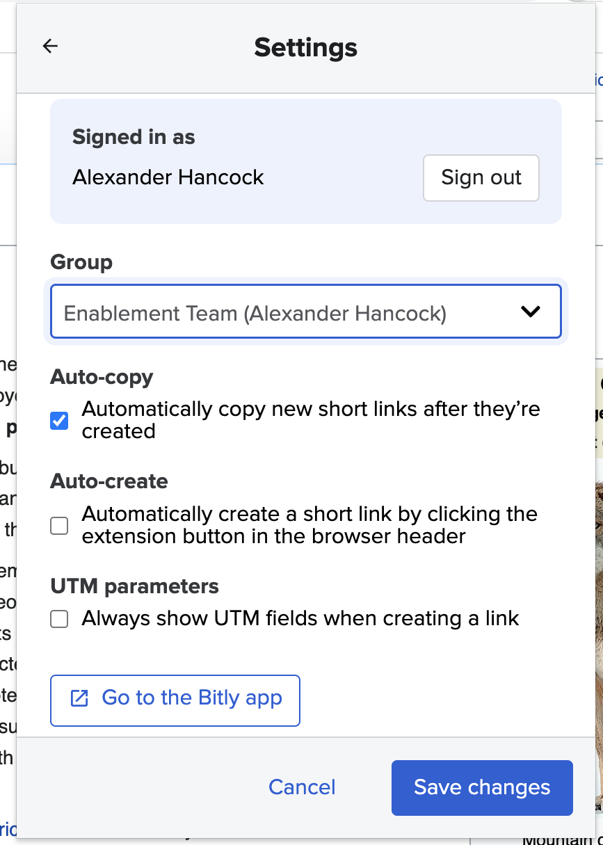Ventana de configuración de la extensión de Bitly.
