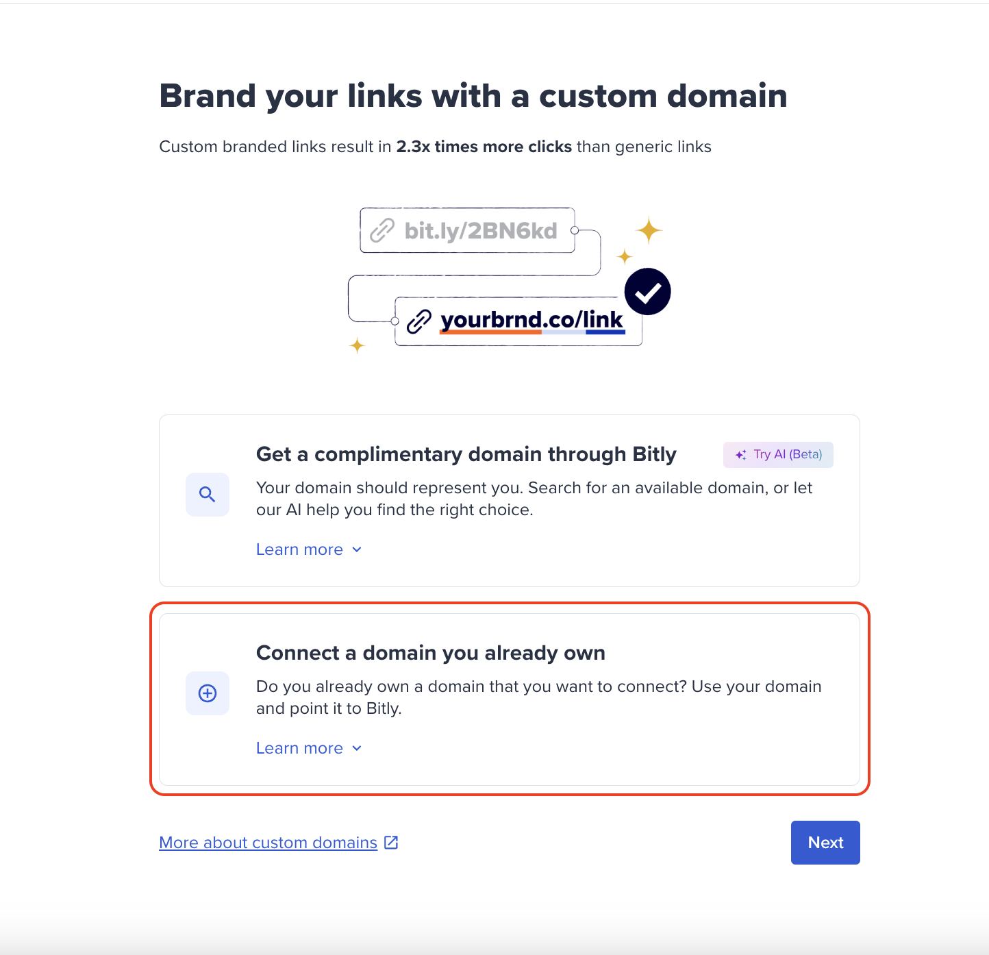 Página de Dominios personalizados de la plataforma para obtener uno con Bitly o conectar el tuyo propio.