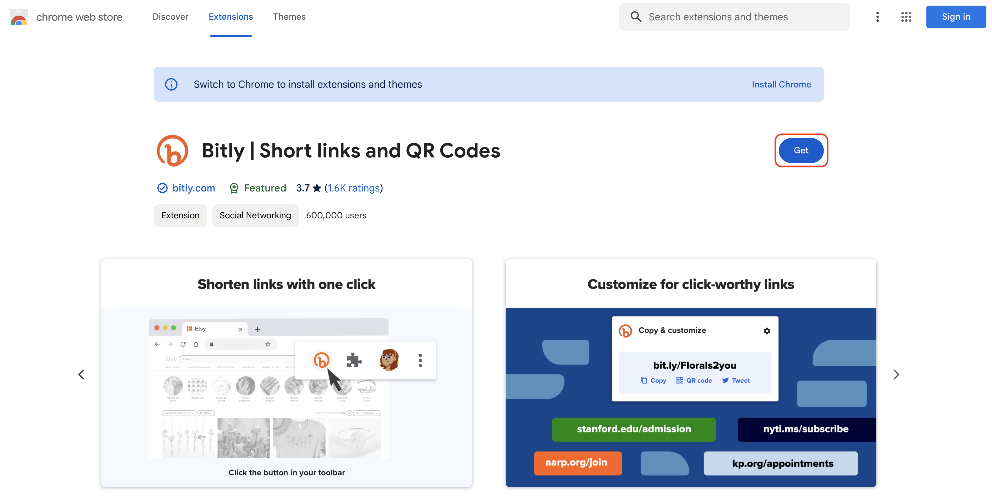 Página de la extensión de Bitly en la Chrome Web Store con el botón Obtener marcado.