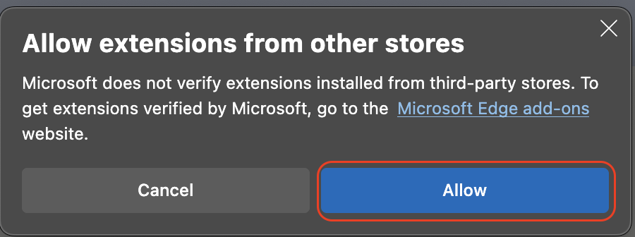 Ventana emergente de Microsoft Edge para permitir extensiones de otras tiendas con la opción de Permitir marcada.