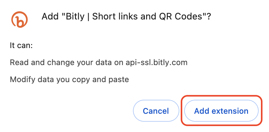 Ventana emergente para confirmar que quieres instalar la extensión de Bitly.