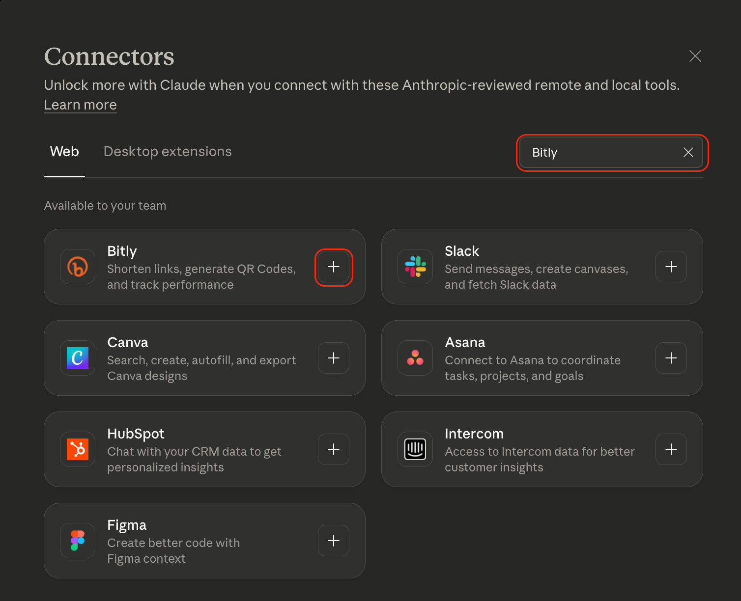 Aggiungi connettore personalizzato Bitly