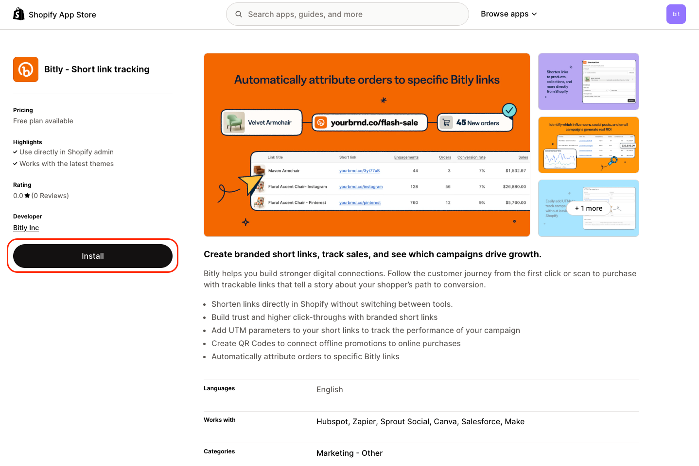 Listado de Bitly en el Marketplace de Shopify