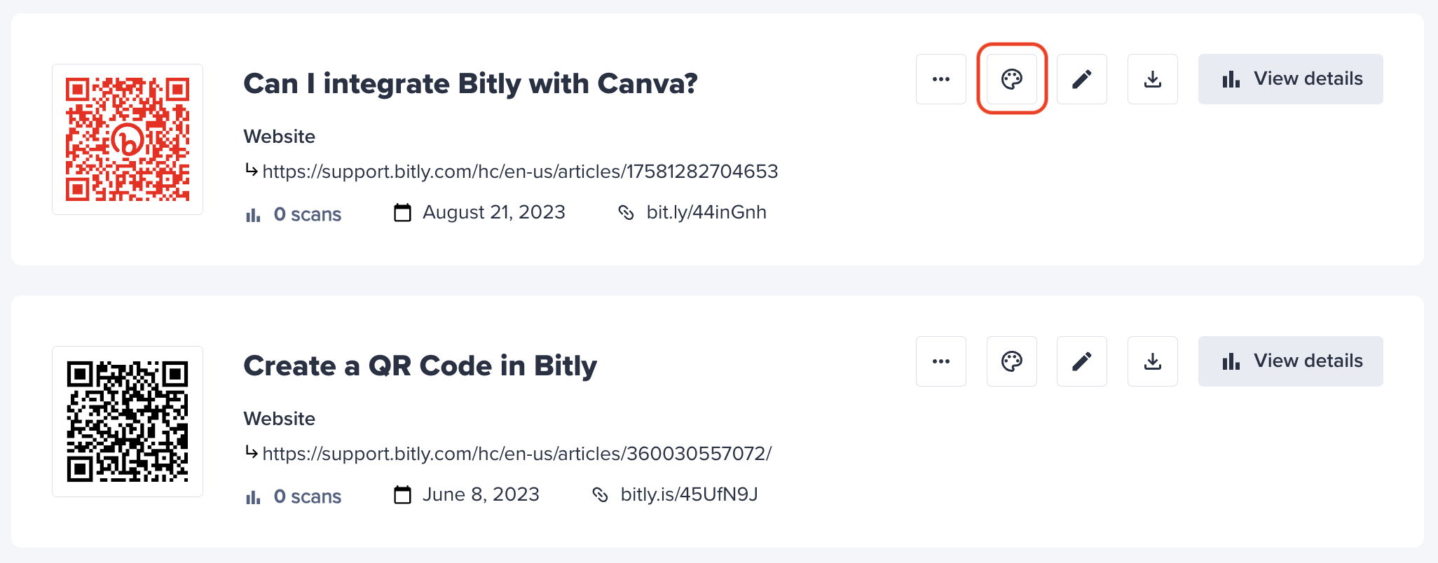 Lista de Bitly Codes con el icono de editar marcado.