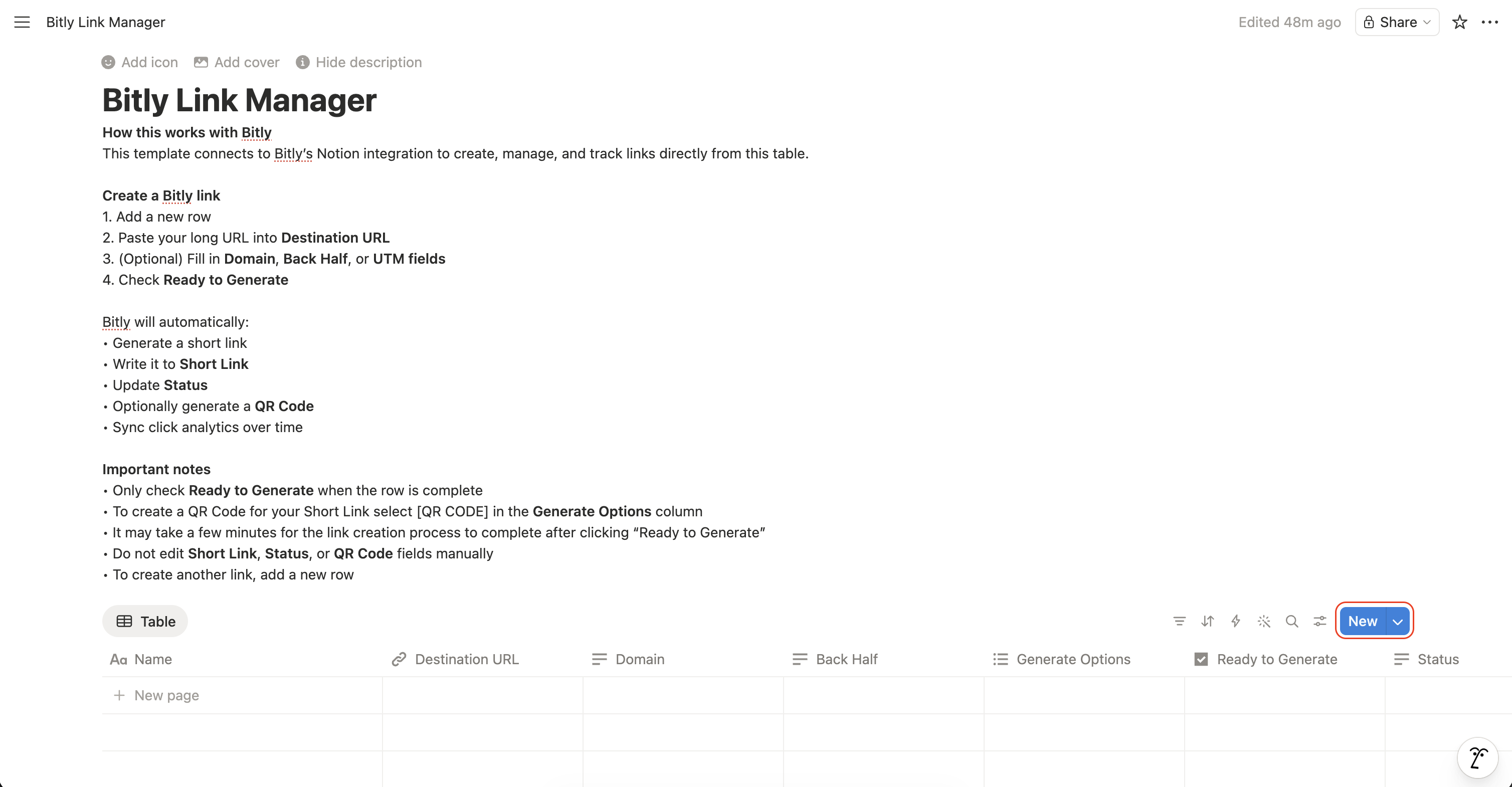 Administrador de enlaces de Notion Bitly