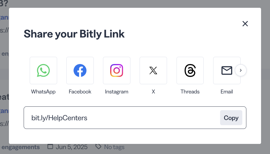 Opzioni di condivisione link Bitly